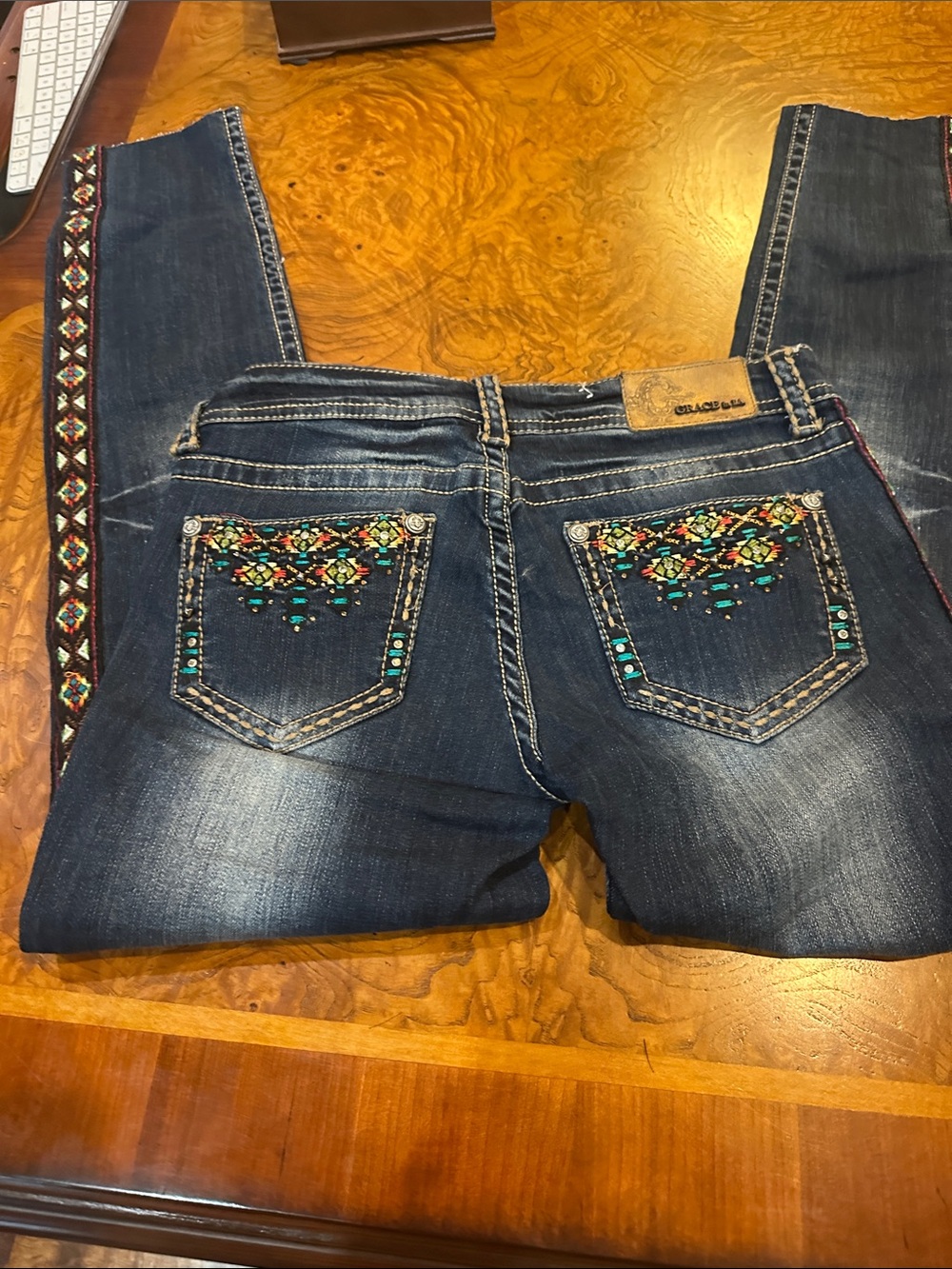 Grace Dark Blue Straight-Leg Jeans with Multicolor Embroidered Trim - Picture 4 of 10